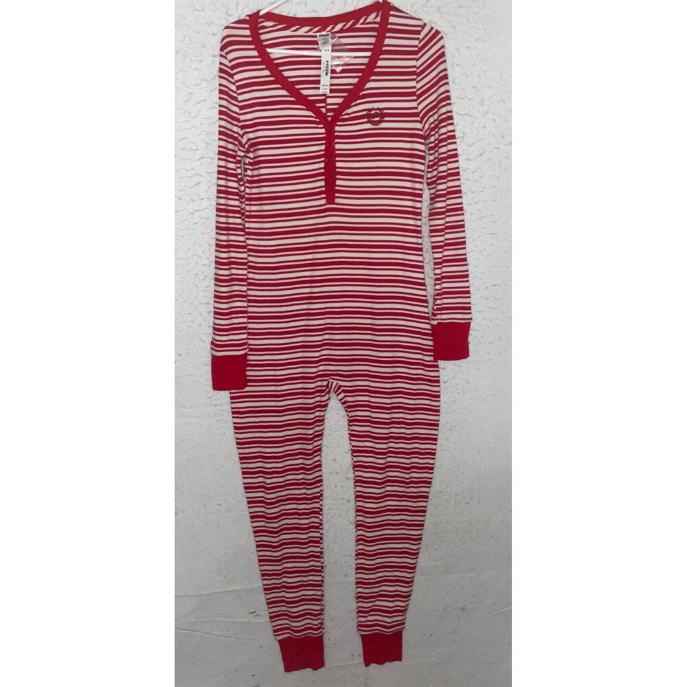 Victoria Secret PINK Red White Striped Thermal One Piece Pajama Womens M Holiday